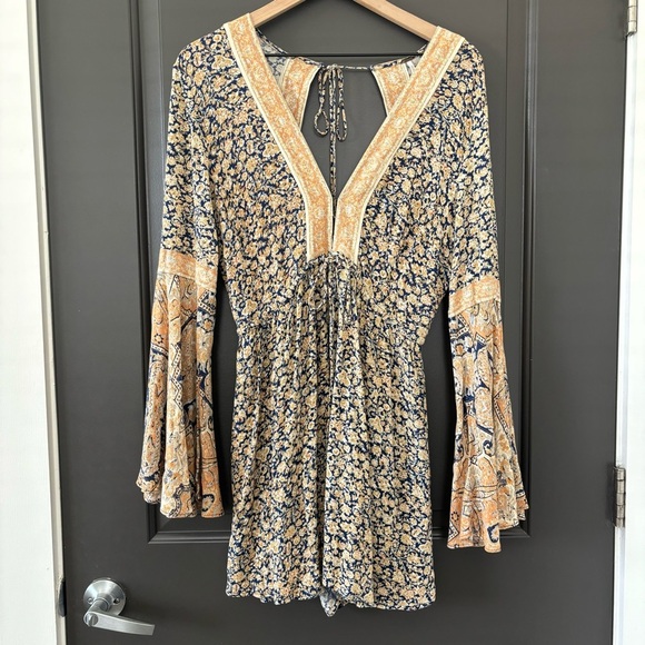 Free People Once Upon a Summertime Bohemian Romper Blue/Gold Floral Size Medium - Picture 7 of 14
